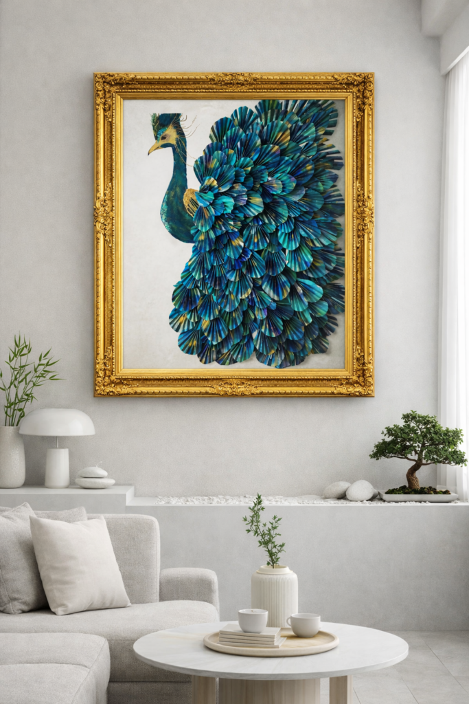 simulation du tableau 3D représentant un paon aux couleur bleu/vert, et aux nuances violettes avec des reflets or, exposé dans une pièce design scandinave.